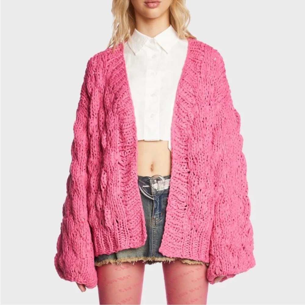 POL Chunky Cable-Knit Open Cardigan in Pink